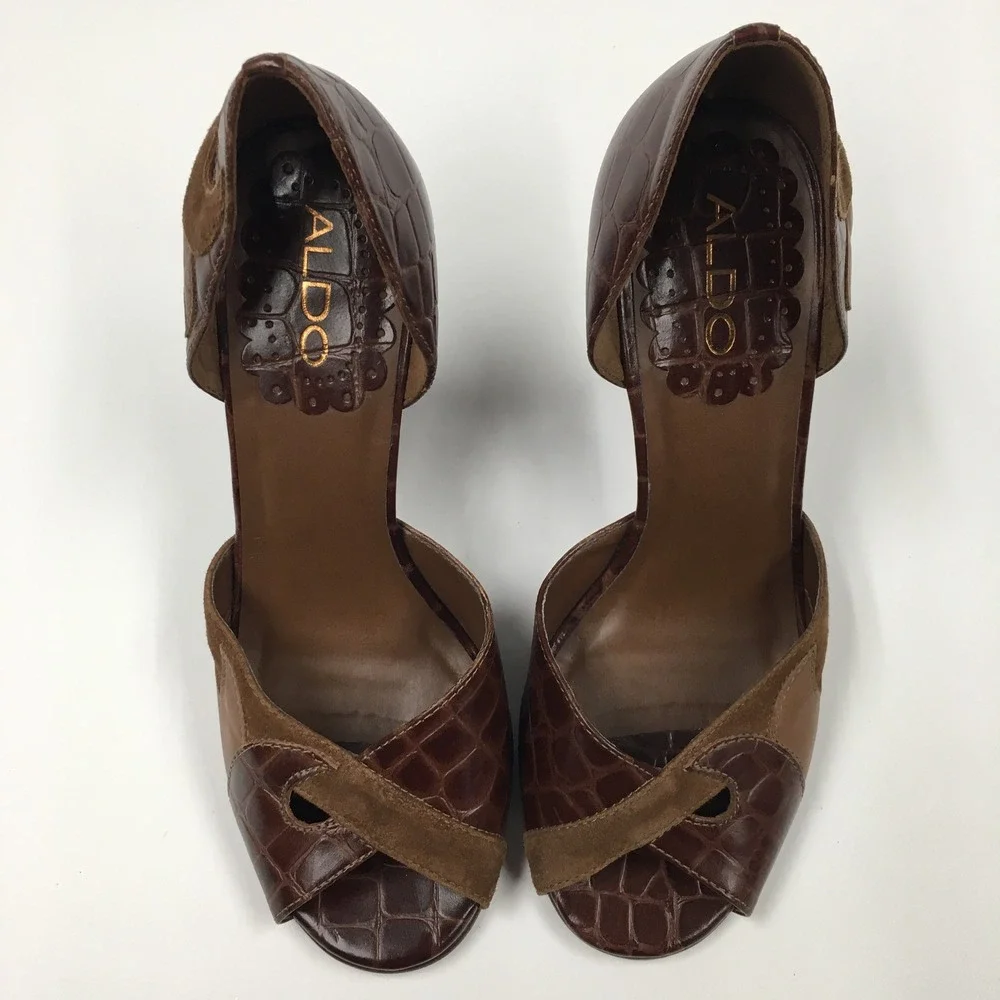 Aldo Croc Embossed Suede Wedge Heels EU 37 Brown Dark Academia Professional
